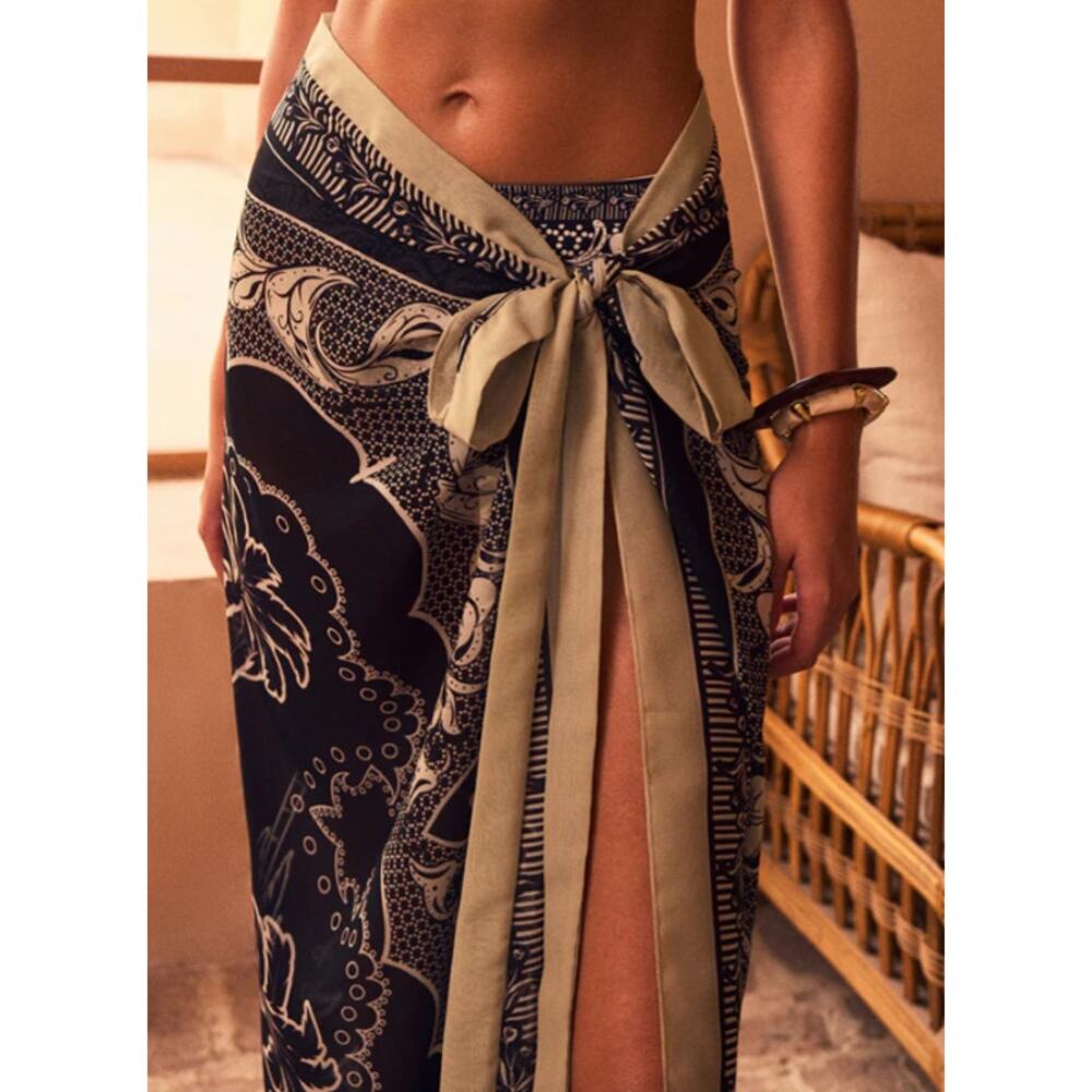Commense Printed Sarong Cover Up Black Beige Coastal Boho Wrap Skirt Resort